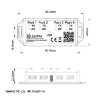 echnische Zeichnung des USB Quadport VE.Direct – Masse und Abmessungen der Schnittstellenerweiterung