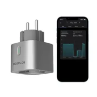 EcoFlow Smart Plug in Betrieb neben einem Smartphone, auf dem die App mit einem Tagesverbrauchsdiagramm von 919 Wh angezeigt wird
