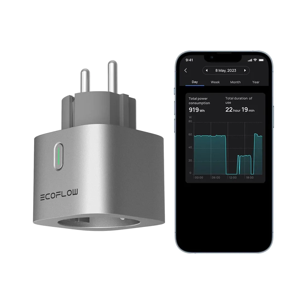 EcoFlow Smart Plug in Betrieb neben einem Smartphone, auf dem die App mit einem Tagesverbrauchsdiagramm von 919 Wh angezeigt wird