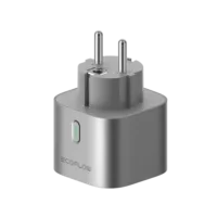 Frontansicht des silbernen EcoFlow Smart Plug mit zweipoligem Euro-Stecker und grün leuchtender LED-Anzeige.