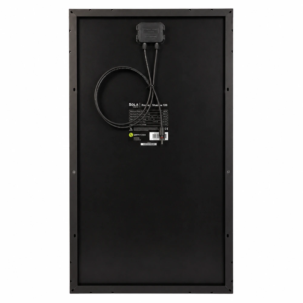 wattstunde-sola-frame-shadow-120w-rueckseite Rückseite des WATTSTUNDE SOLA Frame Shadow 120 W Solarmoduls mit Anschlussdose und Kabeln