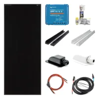 150 Watt Shadow Solar-Set mit SOLA Frame Shadow Solarmodul, Victron SmartSolar MPPT 75/15, Haltespoilern und Dachdurchführung in schwarz oder weiß, Dekalin Klebeset, Batterie- und Solarkabel